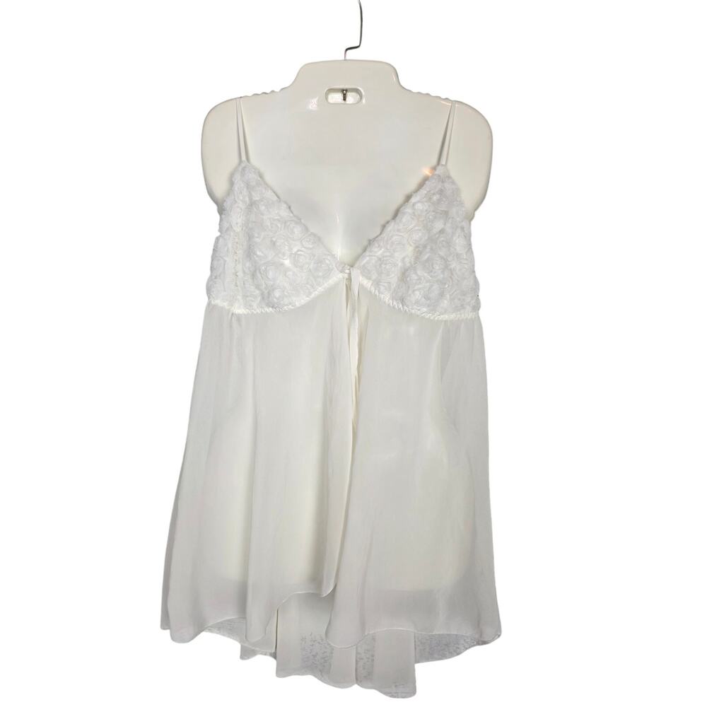 L.A. Intimates White Lace Babydoll Chemise Large L Sheer Floral Embroidery EUC
